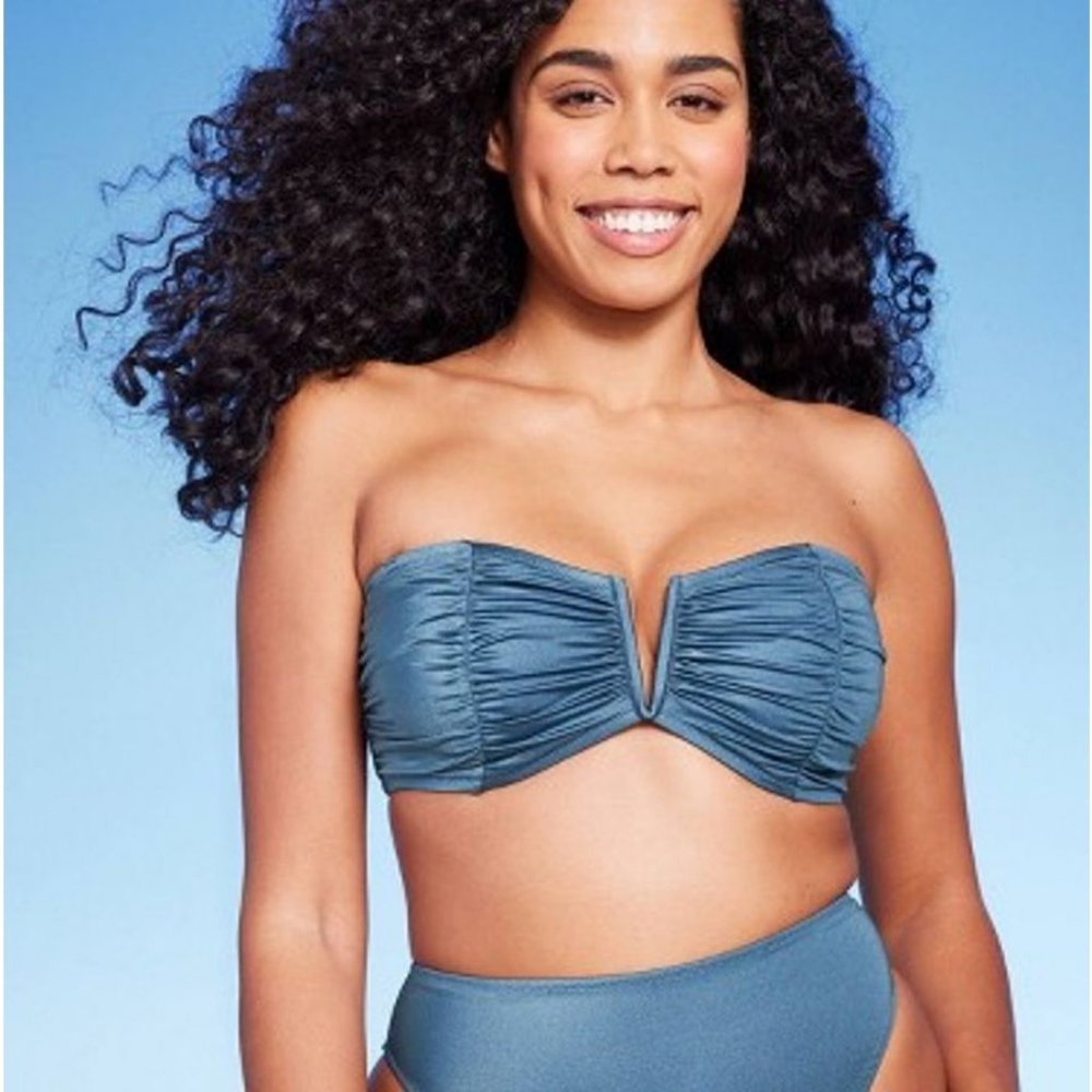 Share & Shore - Women's V-Wire Shirred Bandeau Bikini Top - Blue - 36-B